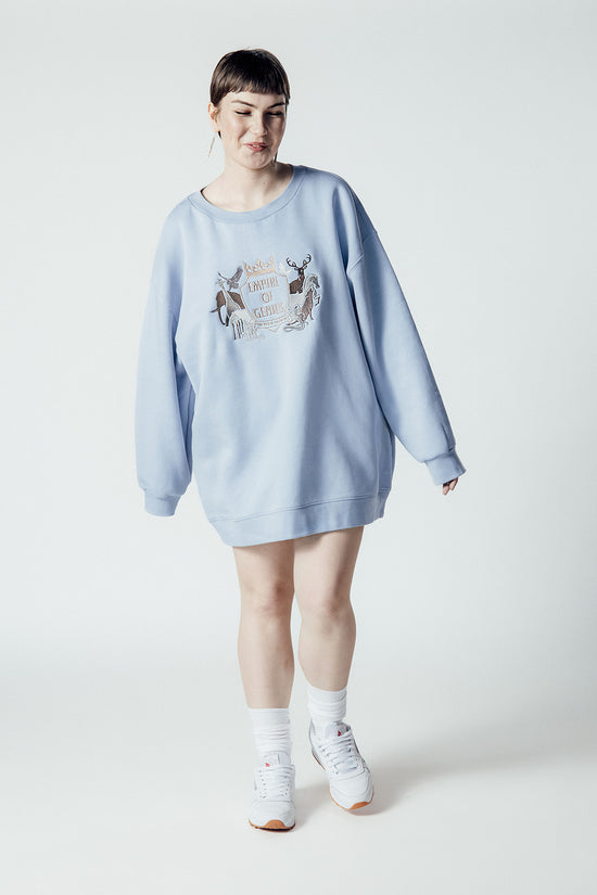 Image Title Empire of Genius Sweater/Dress in Powder Blue with Embroidered Silvers and Golds